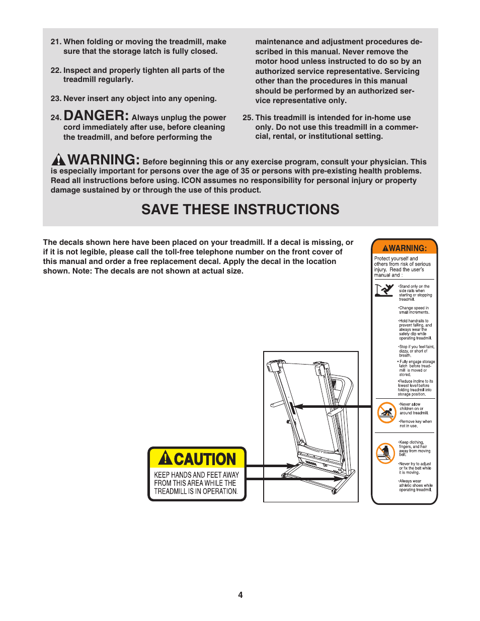 Danger, Warning, Save these instructions | ProForm 495Pi PFTL33105.0 User Manual | Page 4 / 22