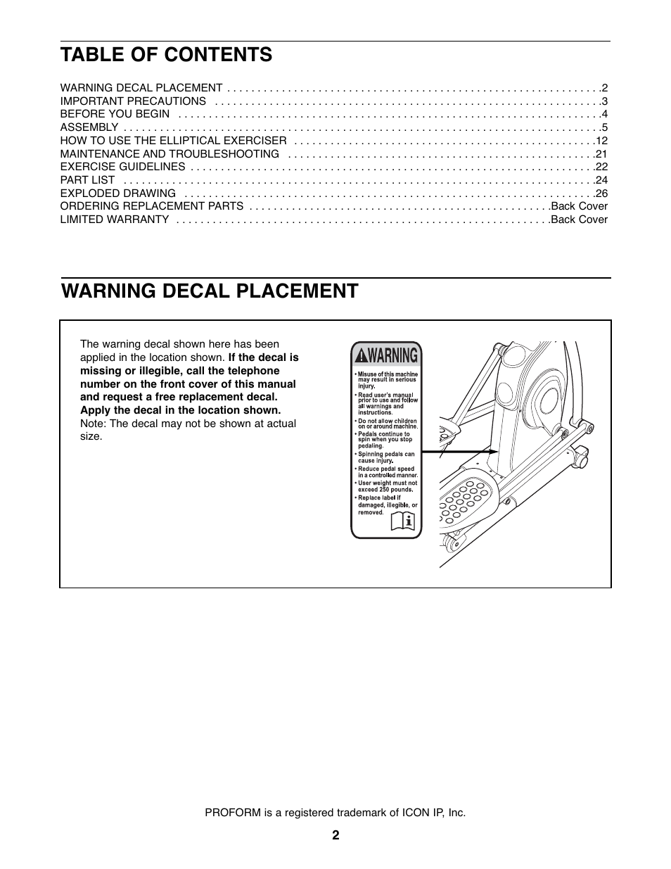 ProForm PFEL7806.1 User Manual | Page 2 / 28