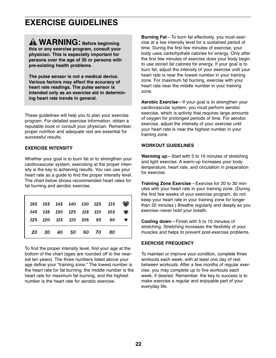 Exercise guidelines warning | ProForm PFEL7806.1 User Manual | Page 22 / 28