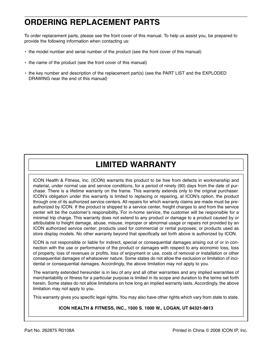 Ordering replacement parts, Limited warranty | ProForm PFEL7806.1 User Manual | Page 28 / 28