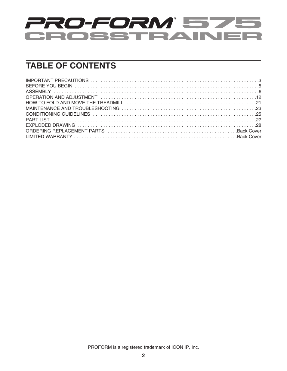 ProForm CrossTrainer PFTL54706.0 User Manual | Page 2 / 32