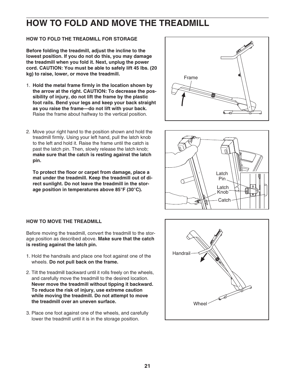 How to fold and move the treadmill | ProForm CrossTrainer PFTL54706.0 User Manual | Page 21 / 32