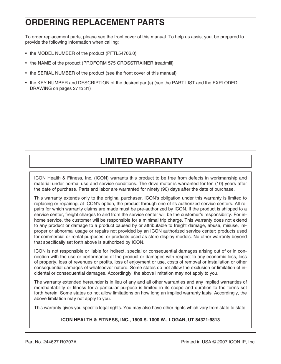 Ordering replacement parts, Limited warranty | ProForm CrossTrainer PFTL54706.0 User Manual | Page 32 / 32