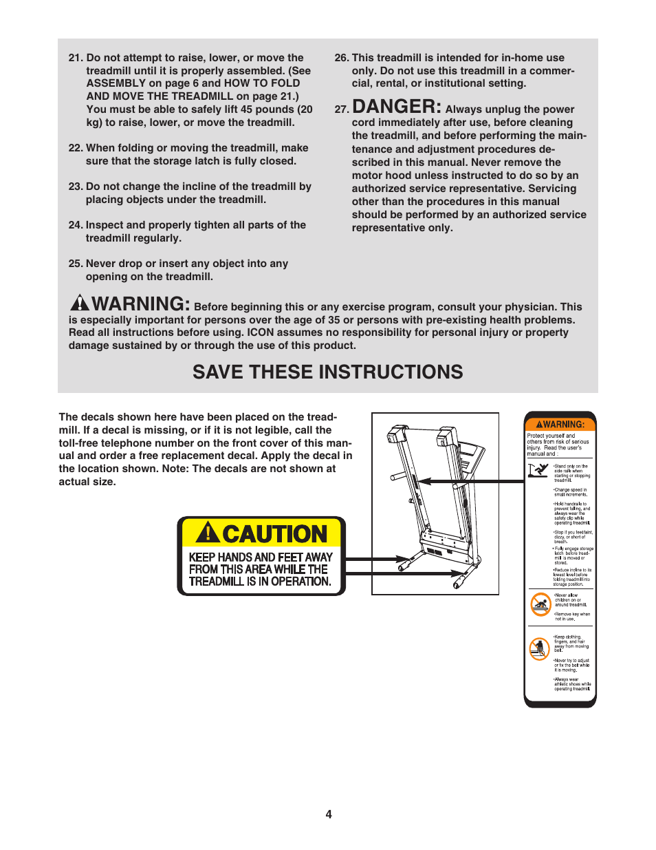 Danger, Warning, Save these instructions | ProForm CrossTrainer PFTL54706.0 User Manual | Page 4 / 32