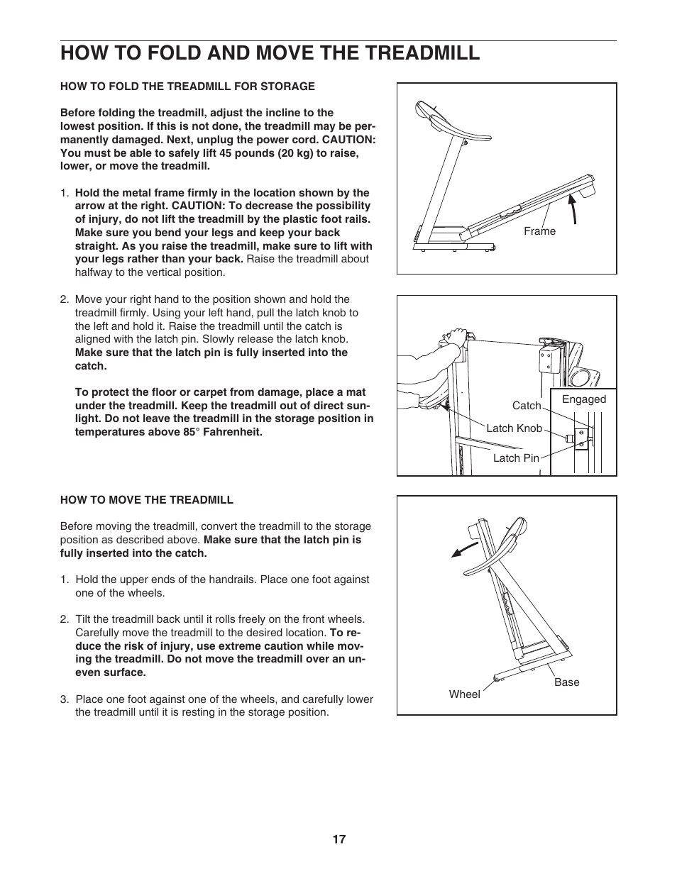 How to fold and move the treadmill | ProForm 6.0 GSX PFTL51105.3 User Manual | Page 17 / 26