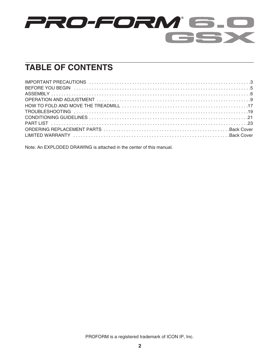 ProForm 6.0 GSX PFTL51105.3 User Manual | Page 2 / 26