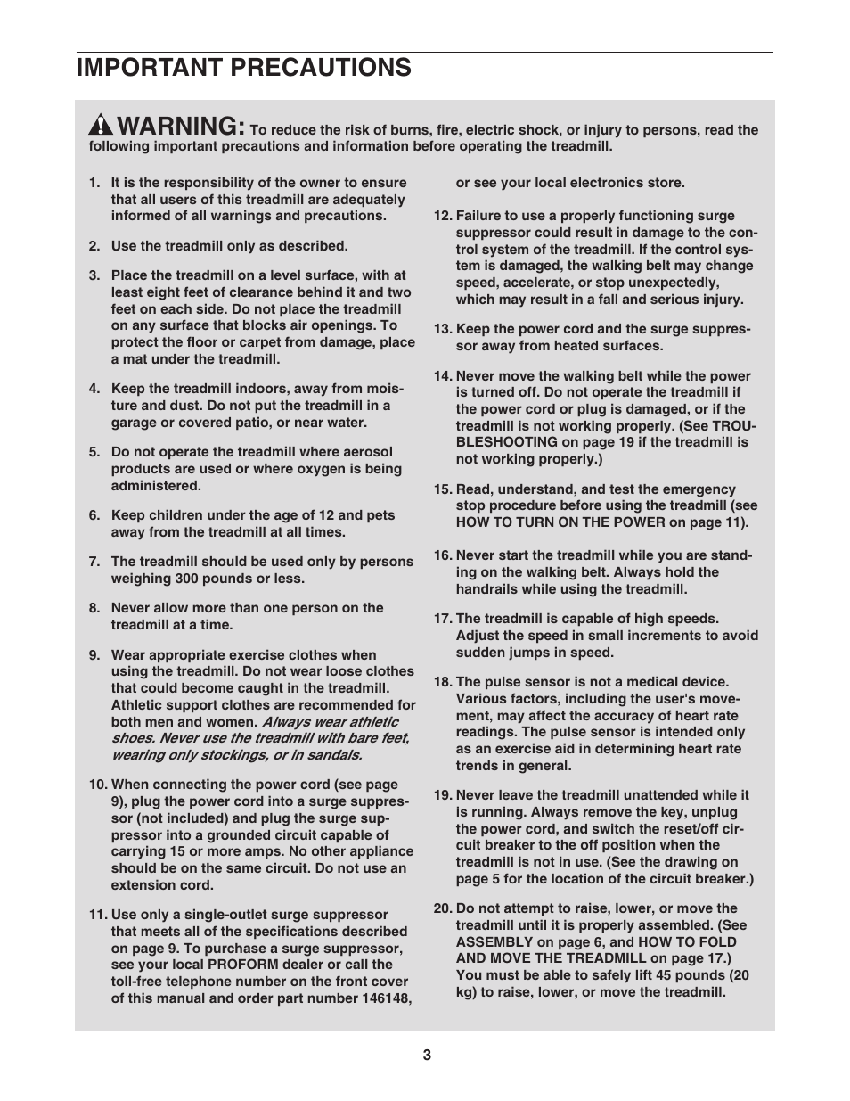 Warning, Important precautions | ProForm 6.0 GSX PFTL51105.3 User Manual | Page 3 / 26
