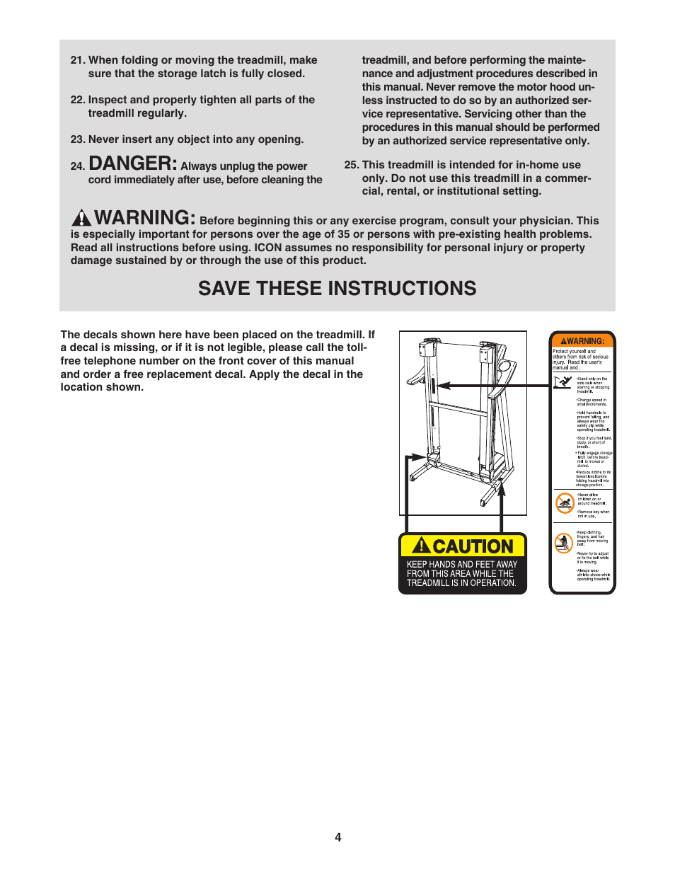 Danger, Warning, Save these instructions | ProForm 6.0 GSX PFTL51105.3 User Manual | Page 4 / 26