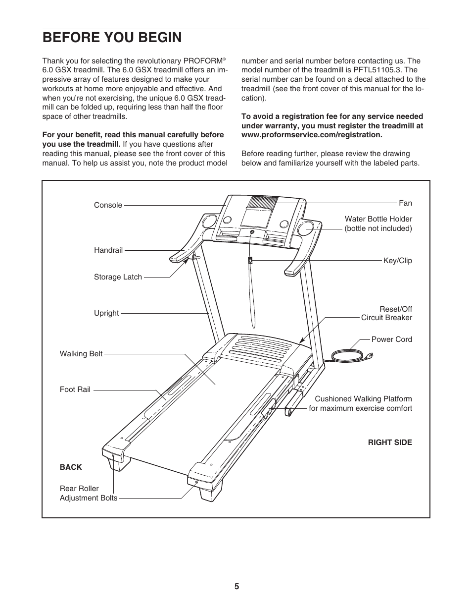 Before you begin | ProForm 6.0 GSX PFTL51105.3 User Manual | Page 5 / 26