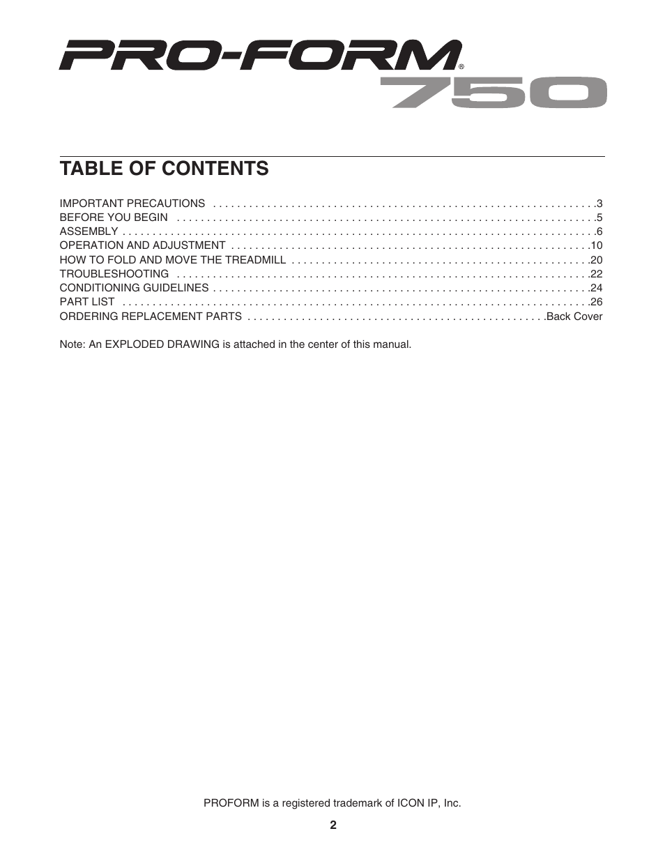 ProForm 750 PFTL73105.2 User Manual | Page 2 / 30