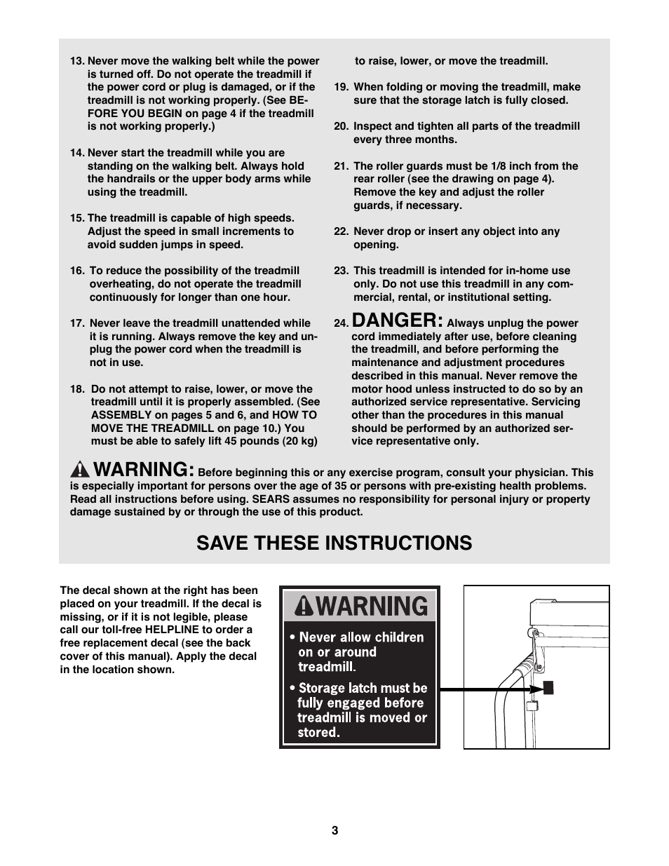 Danger, Warning, Save these instructions | ProForm 831.298061 User Manual | Page 3 / 18