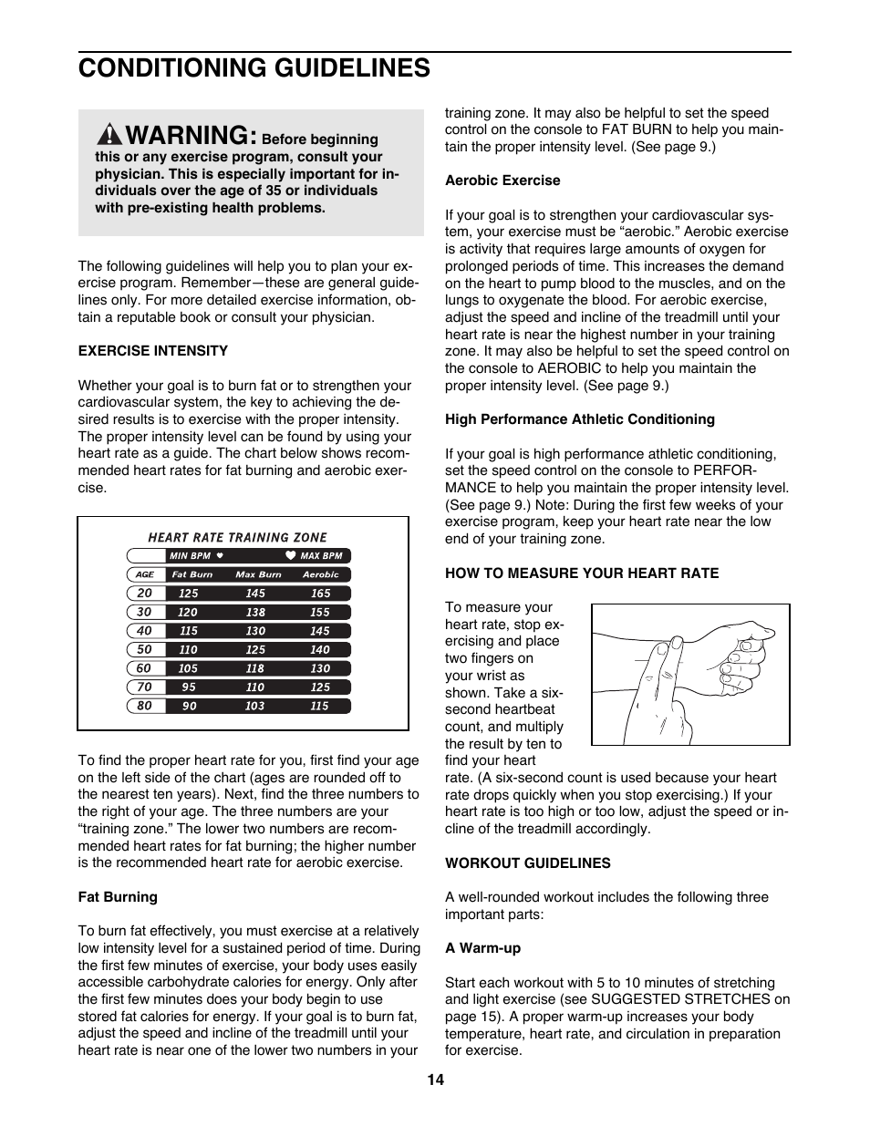 Conditioning guidelines, Warning | ProForm 831.299220 User Manual | Page 14 / 18