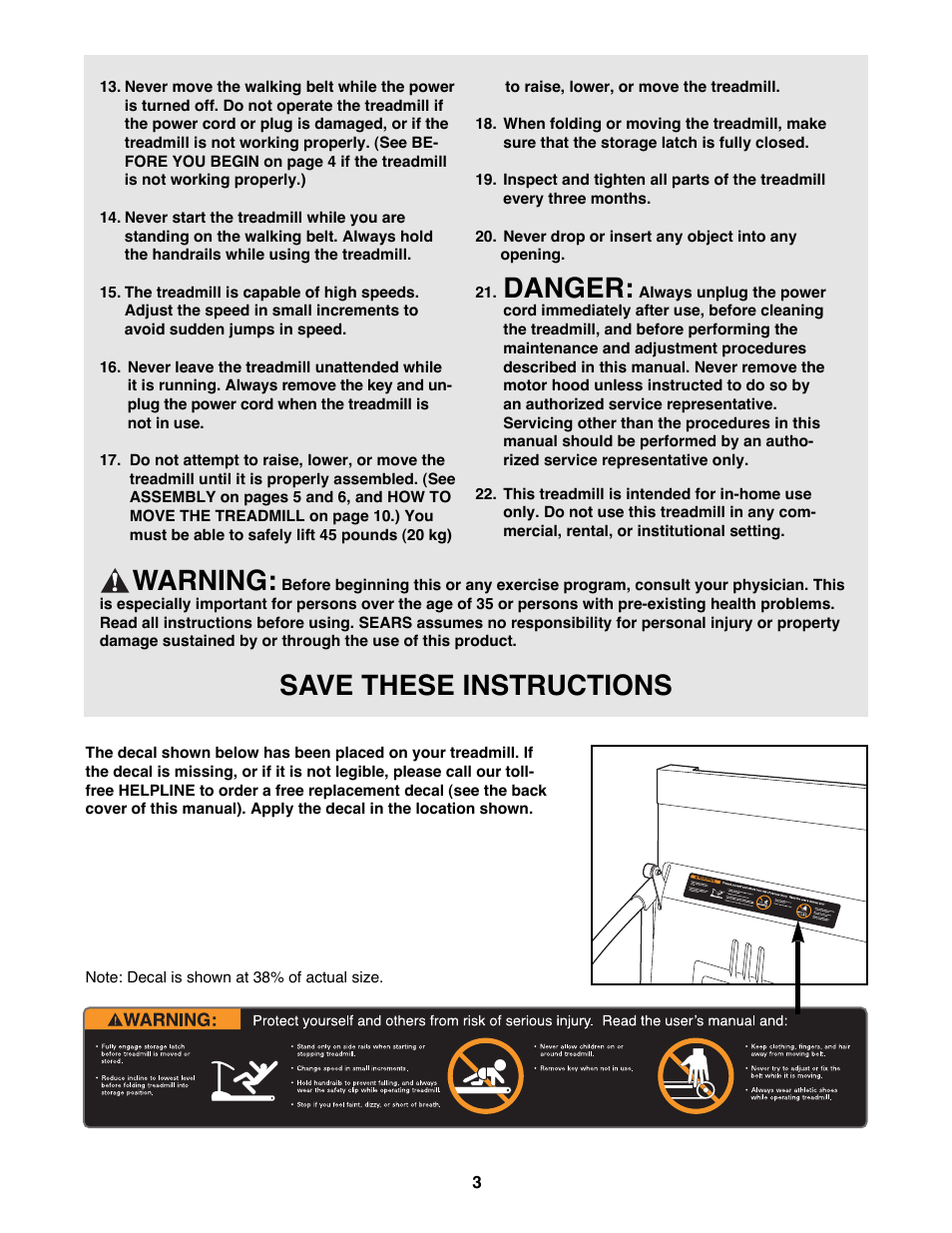 Danger, Warning, Save these instructions | ProForm 831.299220 User Manual | Page 3 / 18