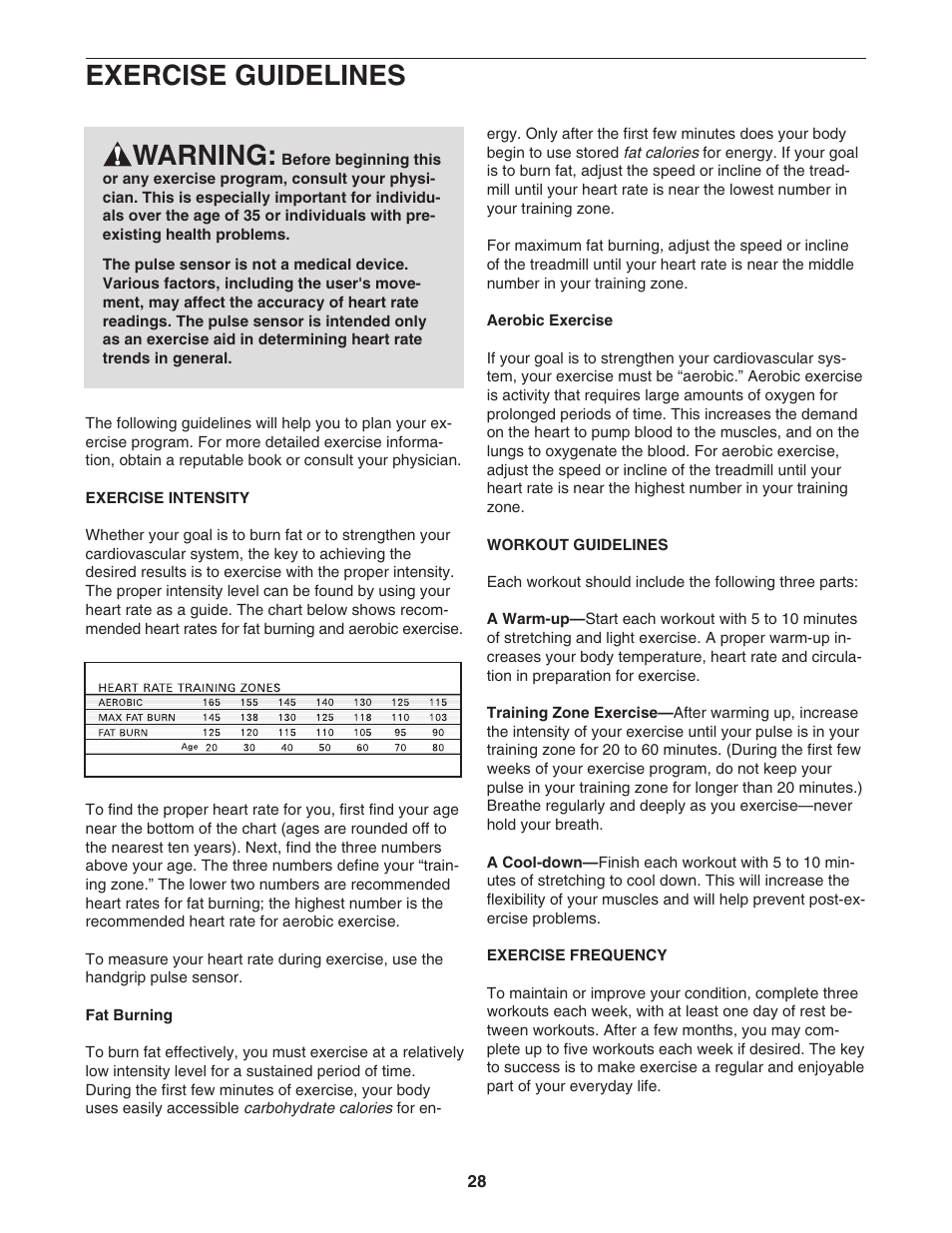 Exercise guidelines warning | ProForm 530 PFTL51233 User Manual | Page 28 / 34