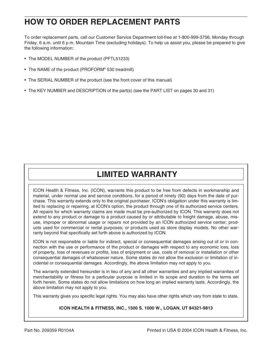 How to order replacement parts, Limited warranty | ProForm 530 PFTL51233 User Manual | Page 34 / 34