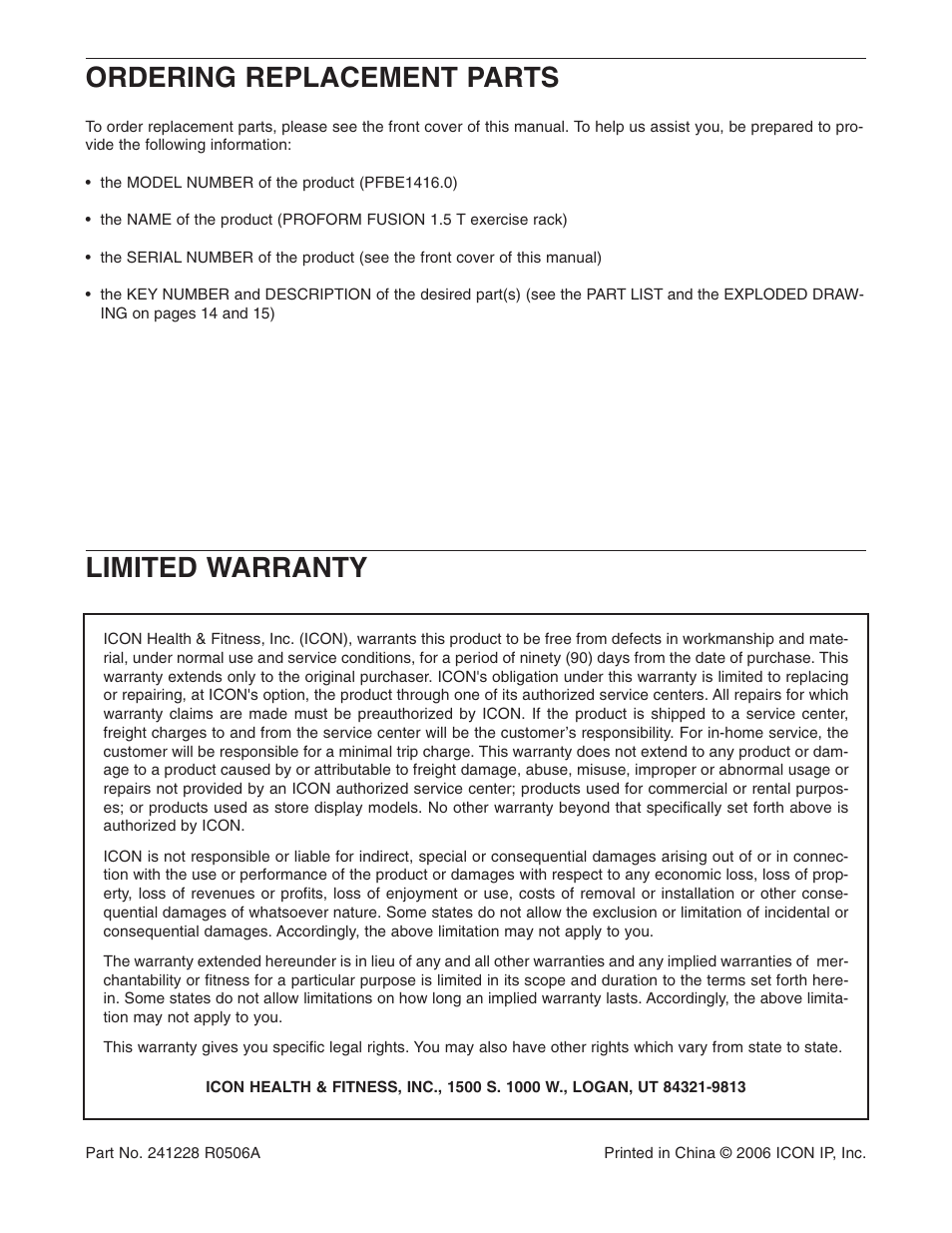 Limited warranty ordering replacement parts | ProForm PFBE1416.0 User Manual | Page 16 / 16