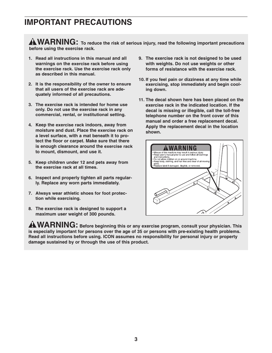 Warning, Important precautions | ProForm PFBE1416.0 User Manual | Page 3 / 16