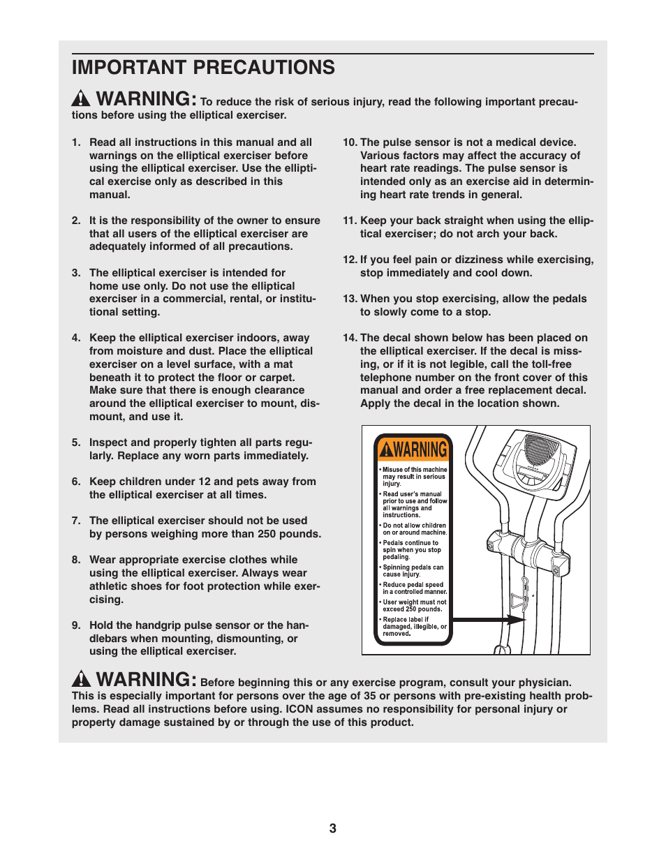 Important precautions warning, Warning | ProForm PFEL5105.1 User Manual | Page 3 / 24