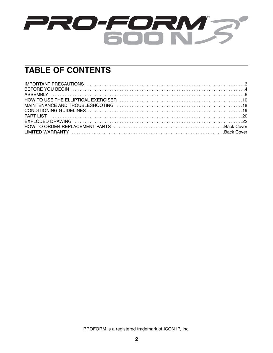 ProForm 600 N PFEL6026.0 User Manual | Page 2 / 24