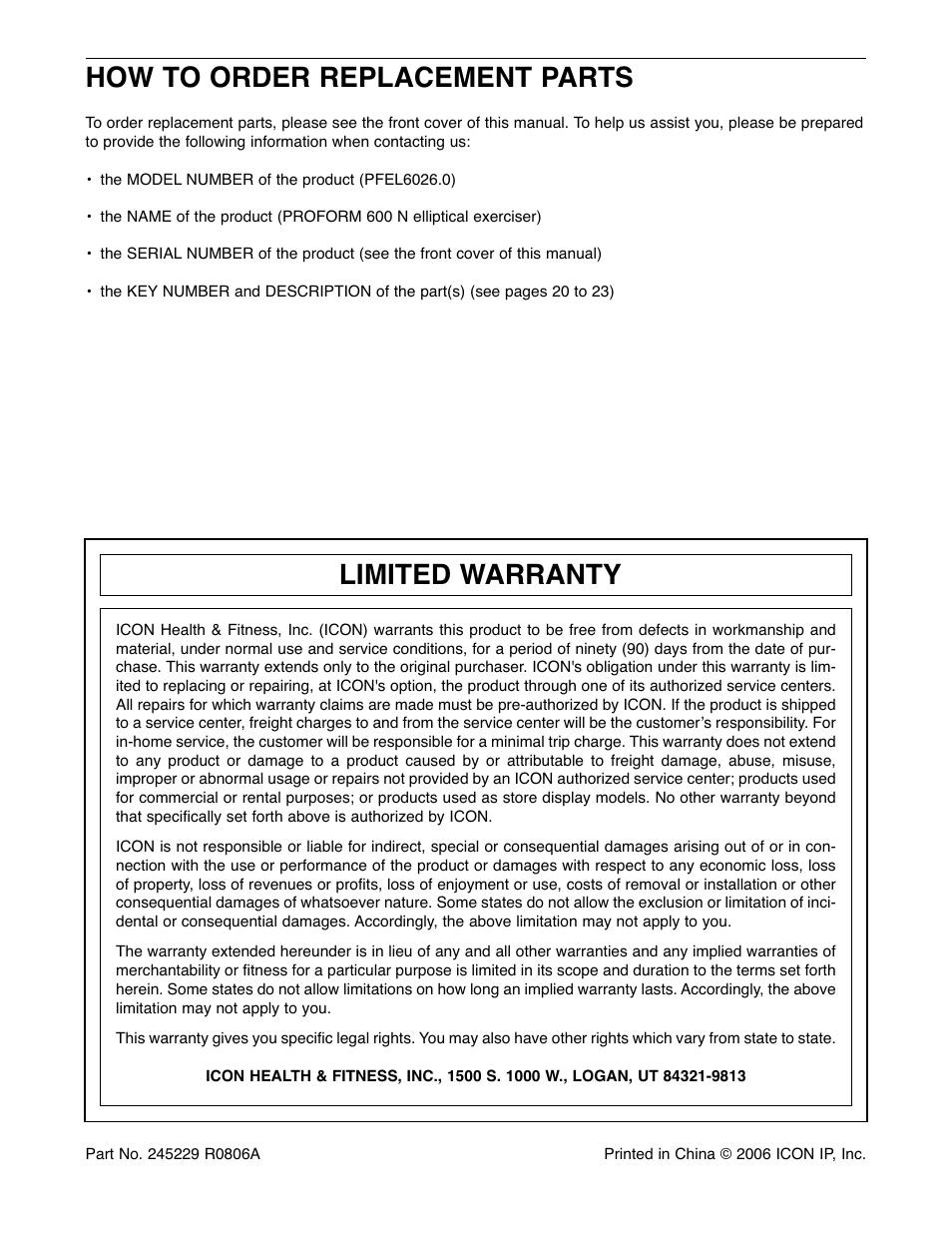 How to order replacement parts, Limited warranty | ProForm 600 N PFEL6026.0 User Manual | Page 24 / 24