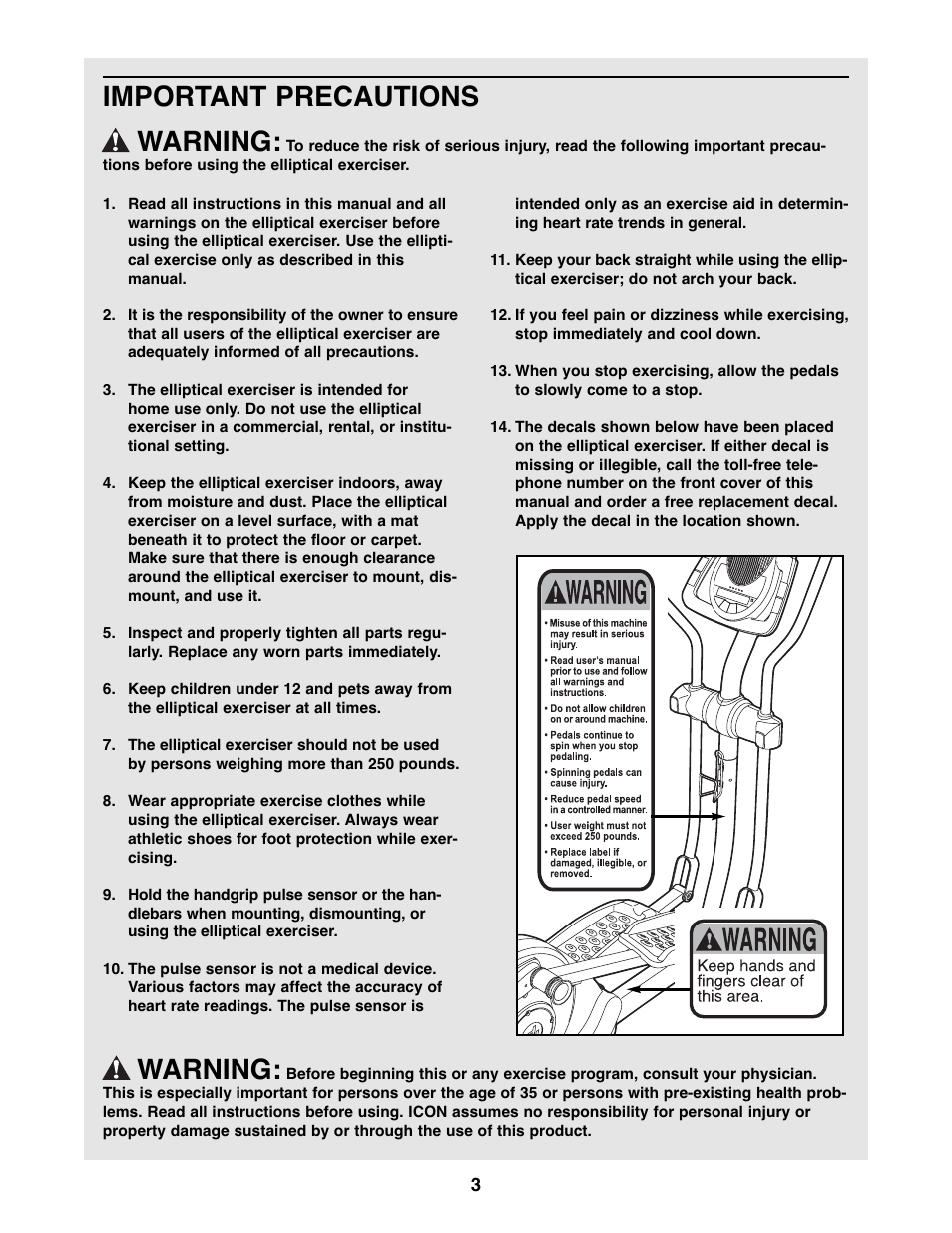 Important precautions warning, Warning | ProForm 600 N PFEL6026.0 User Manual | Page 3 / 24