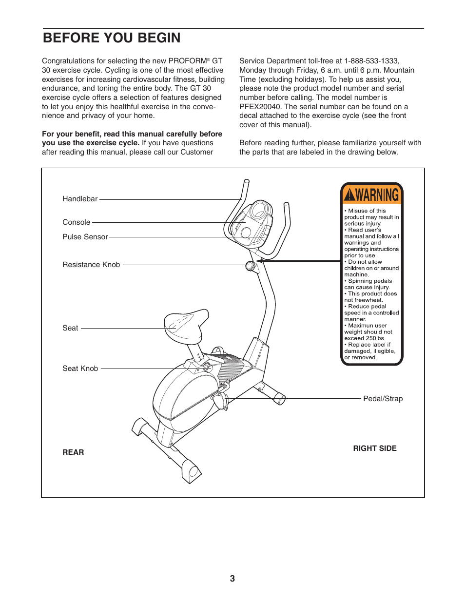 Before you begin | ProForm GT 30 User Manual | Page 3 / 16