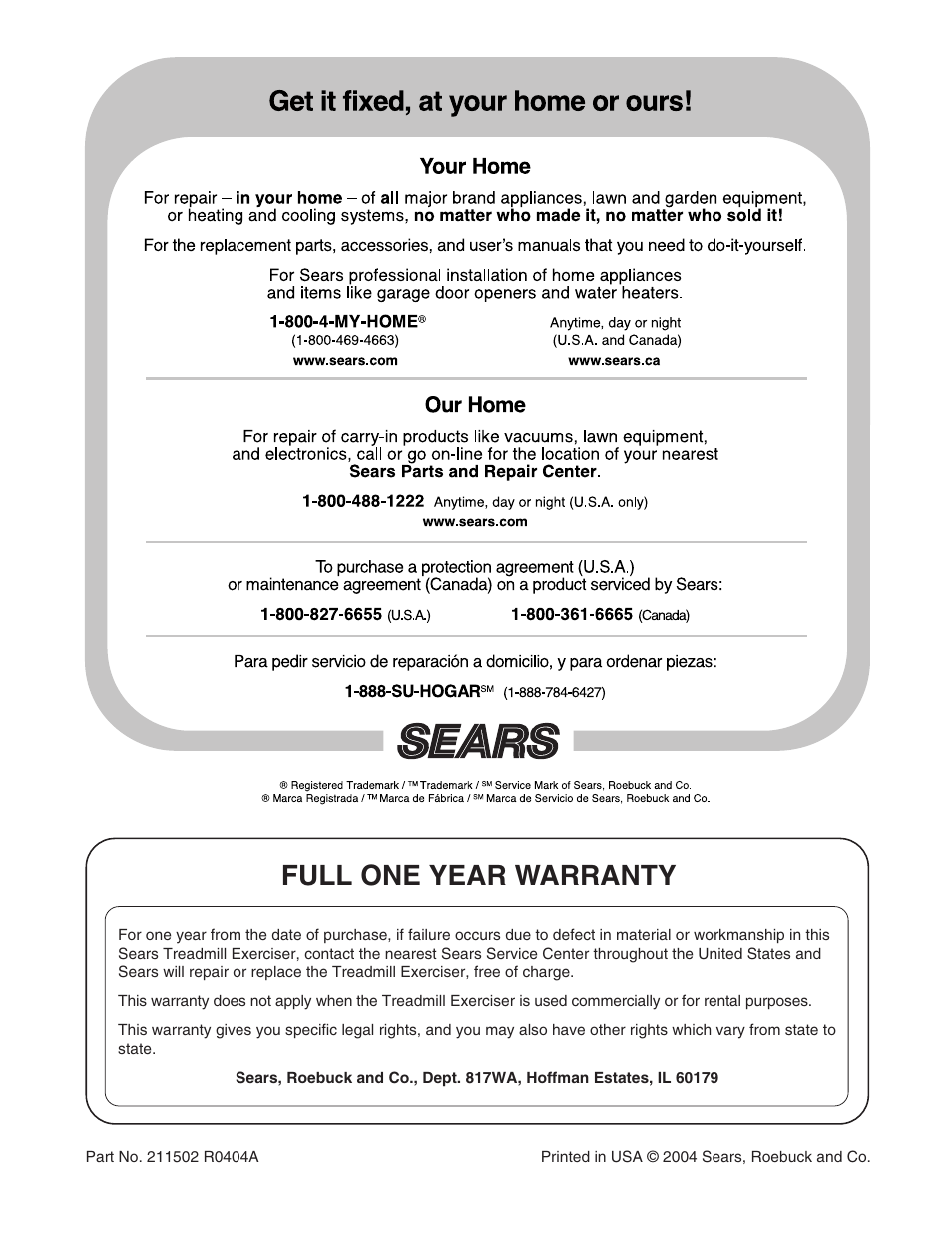 Full one year warranty | ProForm 580X 831.293063 User Manual | Page 30 / 30