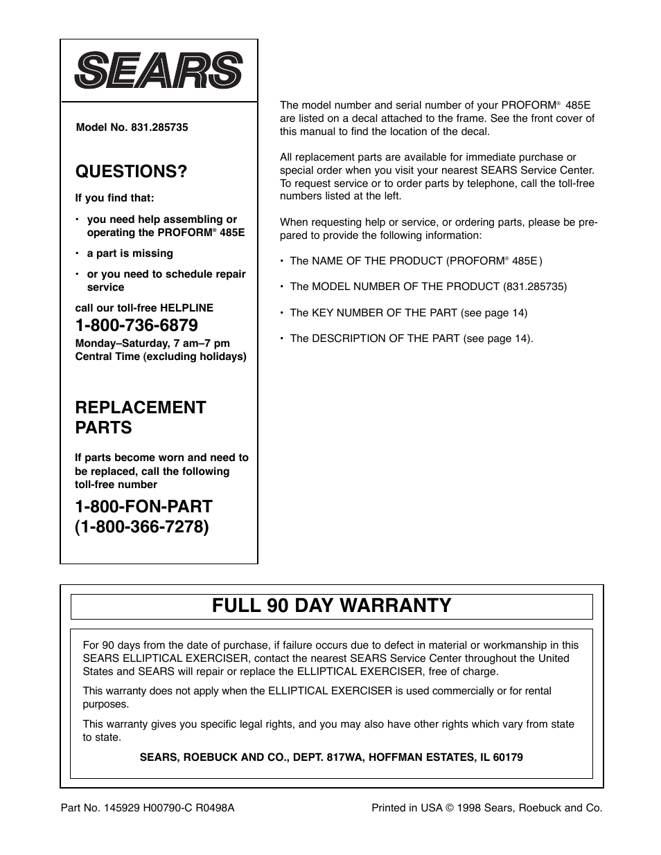 Full 90 day warranty, Questions, Replacement parts | ProForm 831.285735 User Manual | Page 16 / 16