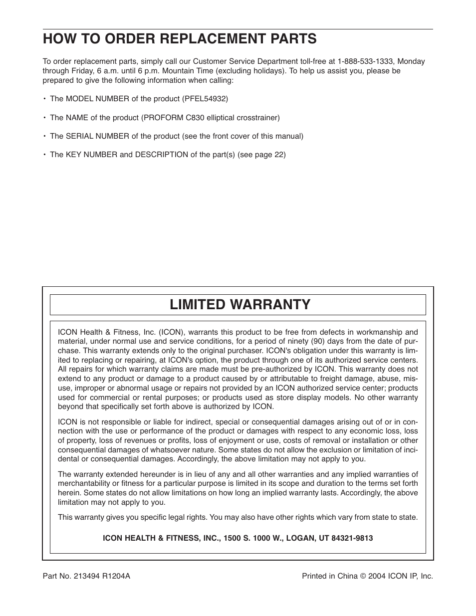 How to order replacement parts, Limited warranty | ProForm PFEL54932 User Manual | Page 24 / 24