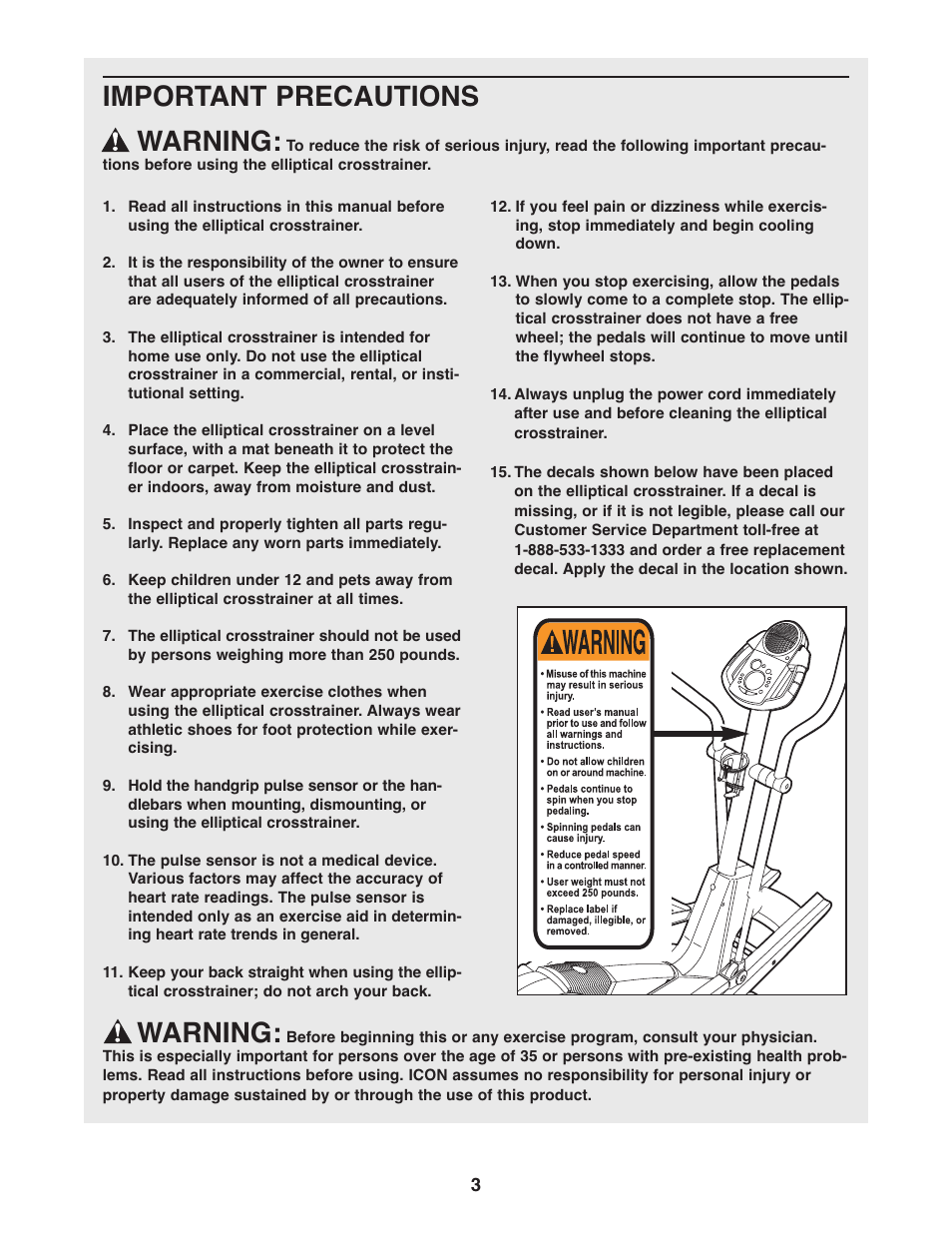 Important precautions warning, Warning | ProForm PFEL54932 User Manual | Page 3 / 24