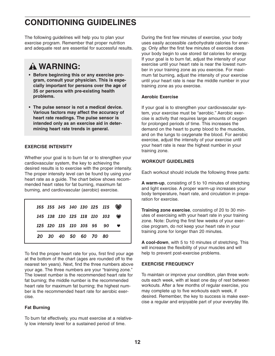 Conditioning guidelines, Warning | ProForm PFEL19540 User Manual | Page 12 / 16
