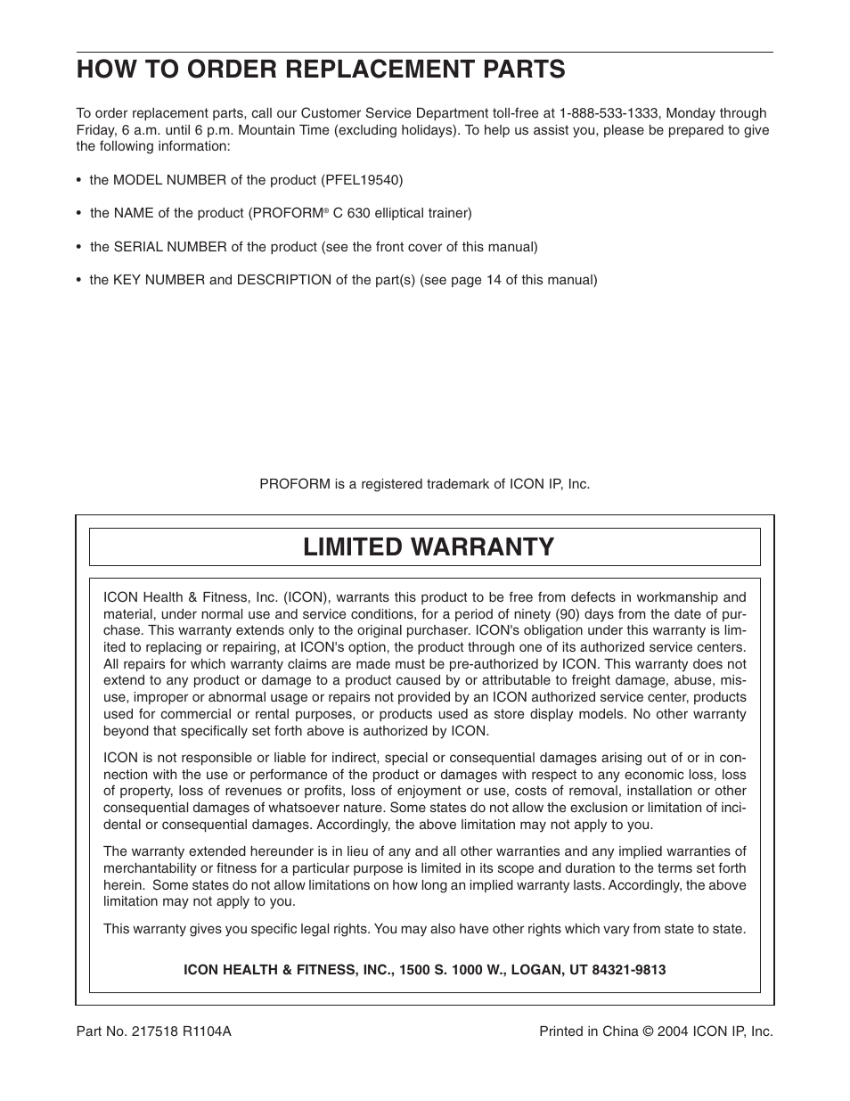 How to order replacement parts, Limited warranty | ProForm PFEL19540 User Manual | Page 16 / 16