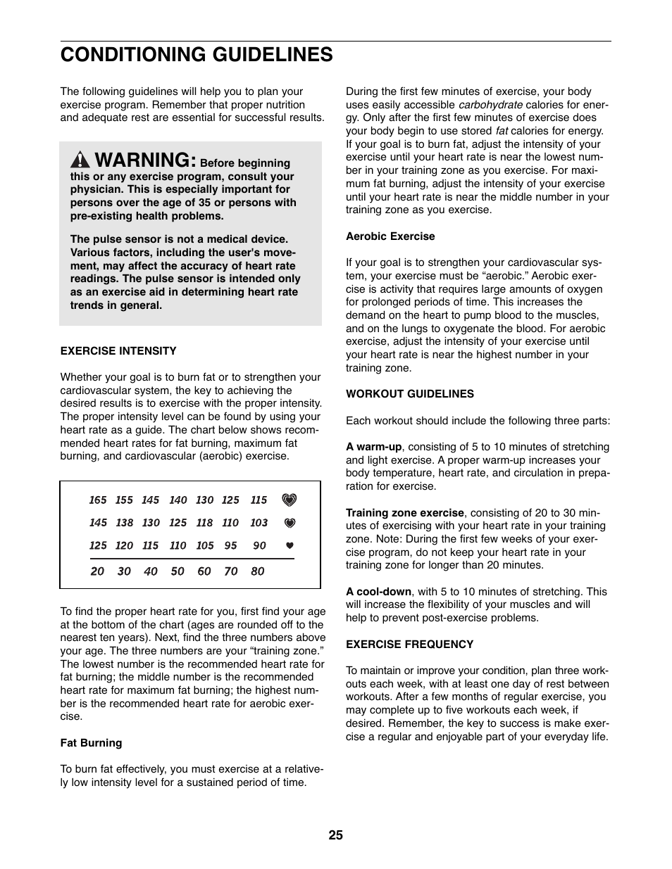 Conditioning guidelines, Warning | ProForm Interactive Ergometer PFEVEX62832 User Manual | Page 25 / 32