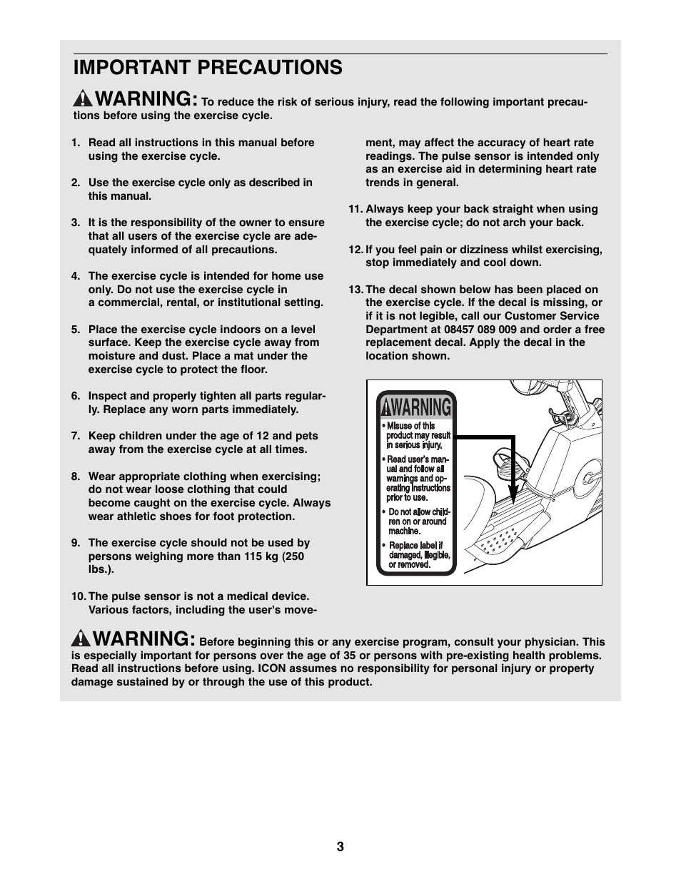 Warning, Important precautions warning | ProForm Interactive Ergometer PFEVEX62832 User Manual | Page 3 / 32