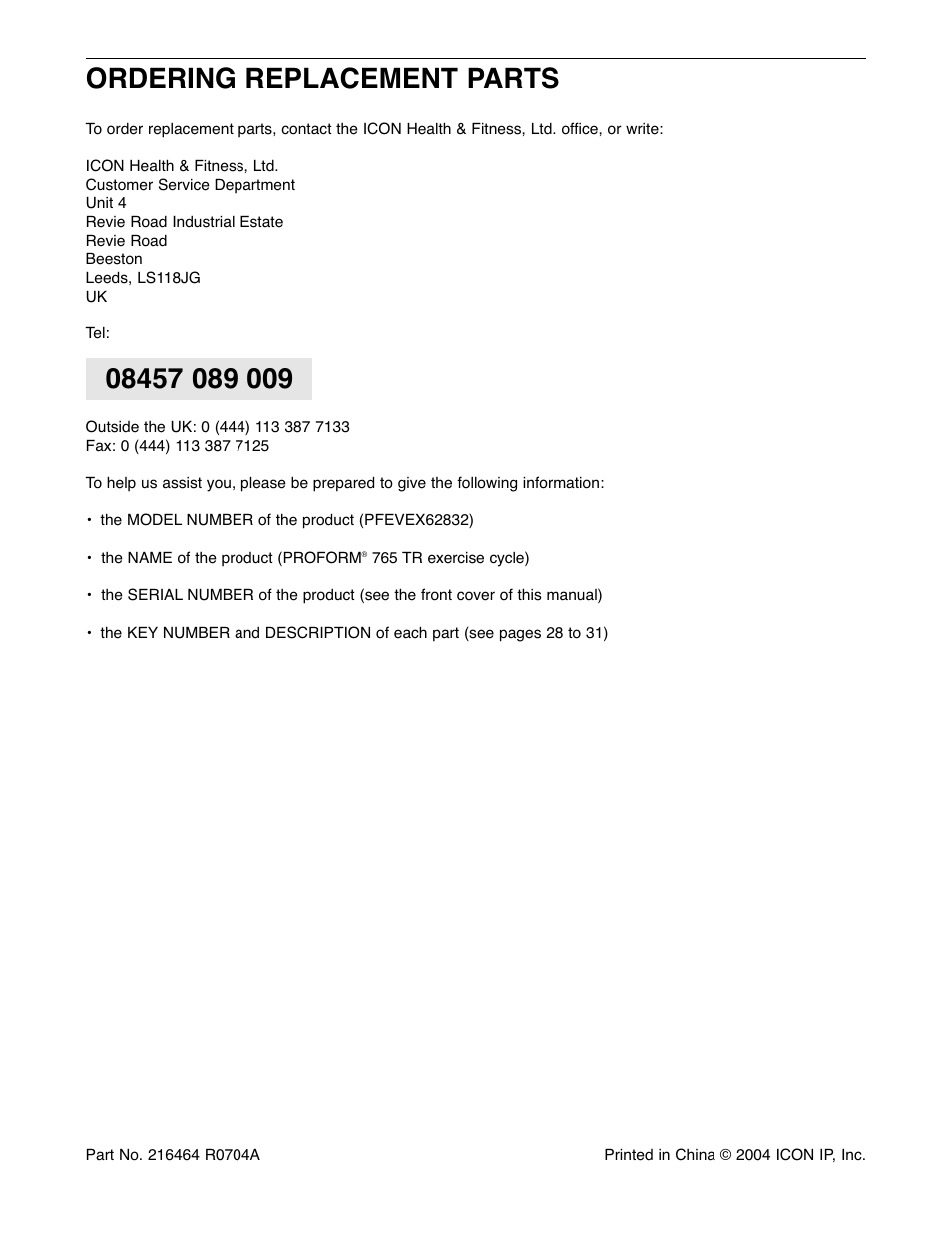 Ordering replacement parts | ProForm Interactive Ergometer PFEVEX62832 User Manual | Page 32 / 32