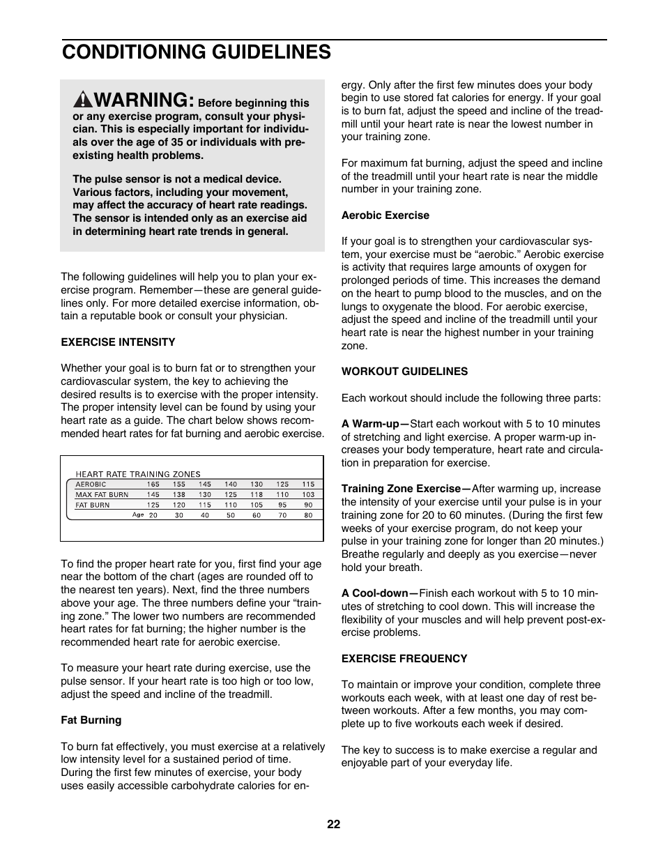 Conditioning guidelines, Warning | ProForm 831.299461 User Manual | Page 22 / 26