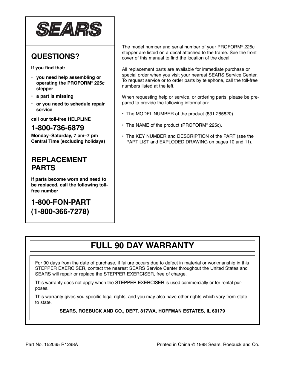 Full 90 day warranty, Questions, Replacement parts | ProForm 831.285820 User Manual | Page 12 / 12