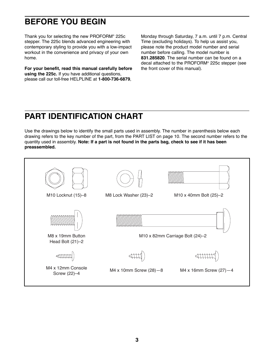 Before you begin, Part identification chart | ProForm 831.285820 User Manual | Page 3 / 12