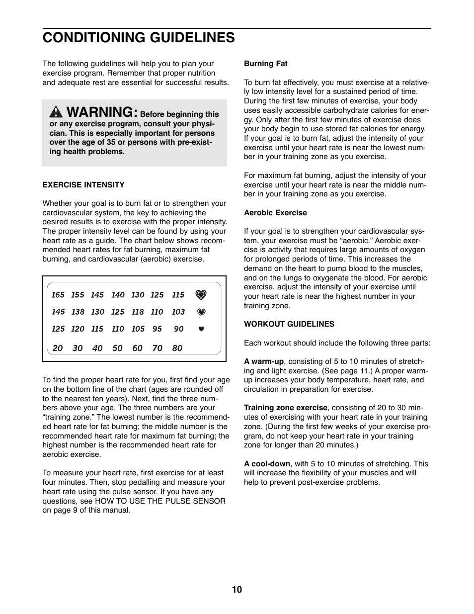 Conditioning guidelines, Warning | ProForm 831.288070 User Manual | Page 10 / 16