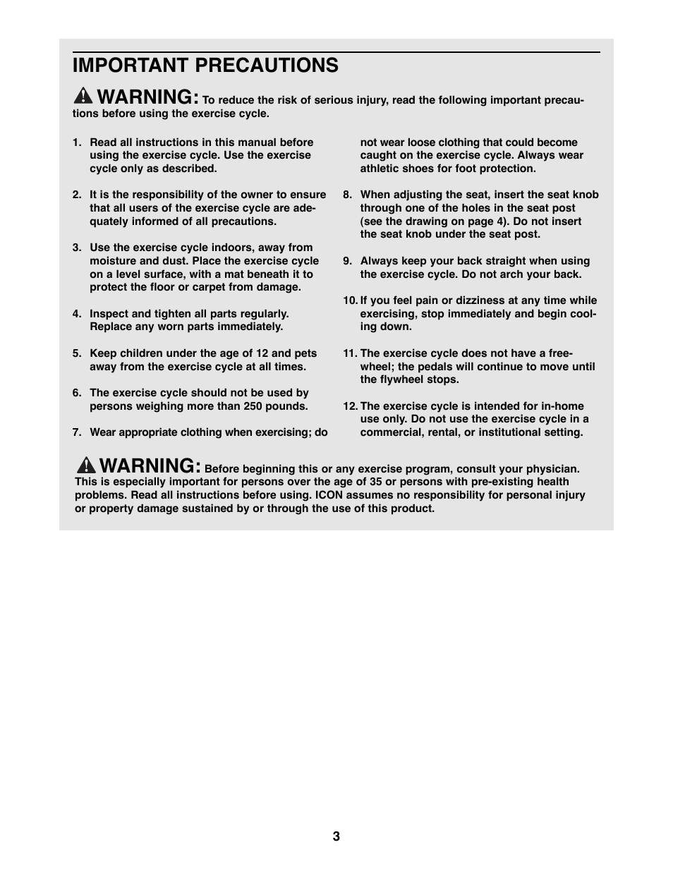 Important precautions warning, Warning | ProForm 831.288070 User Manual | Page 3 / 16