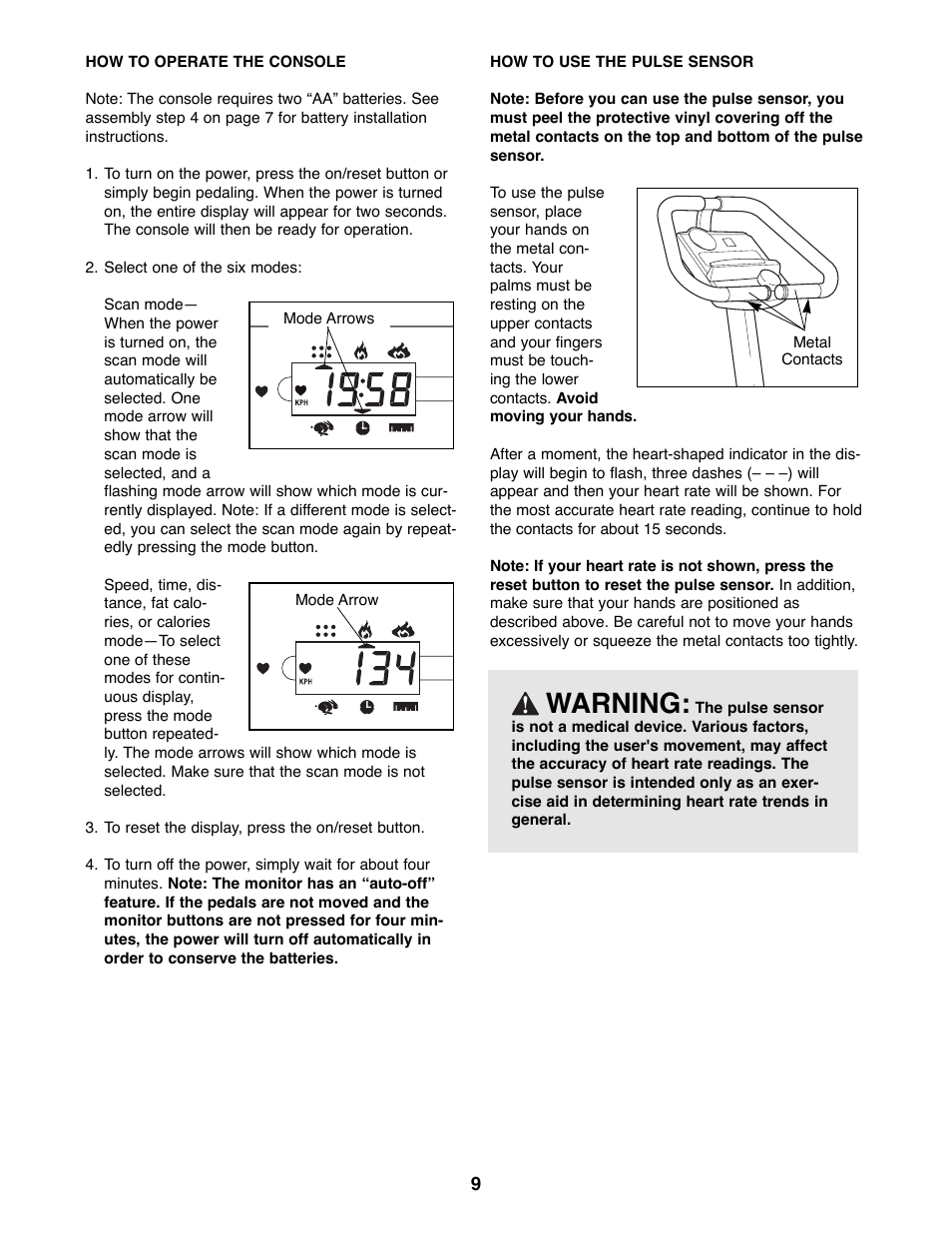 Warning | ProForm 831.288070 User Manual | Page 9 / 16
