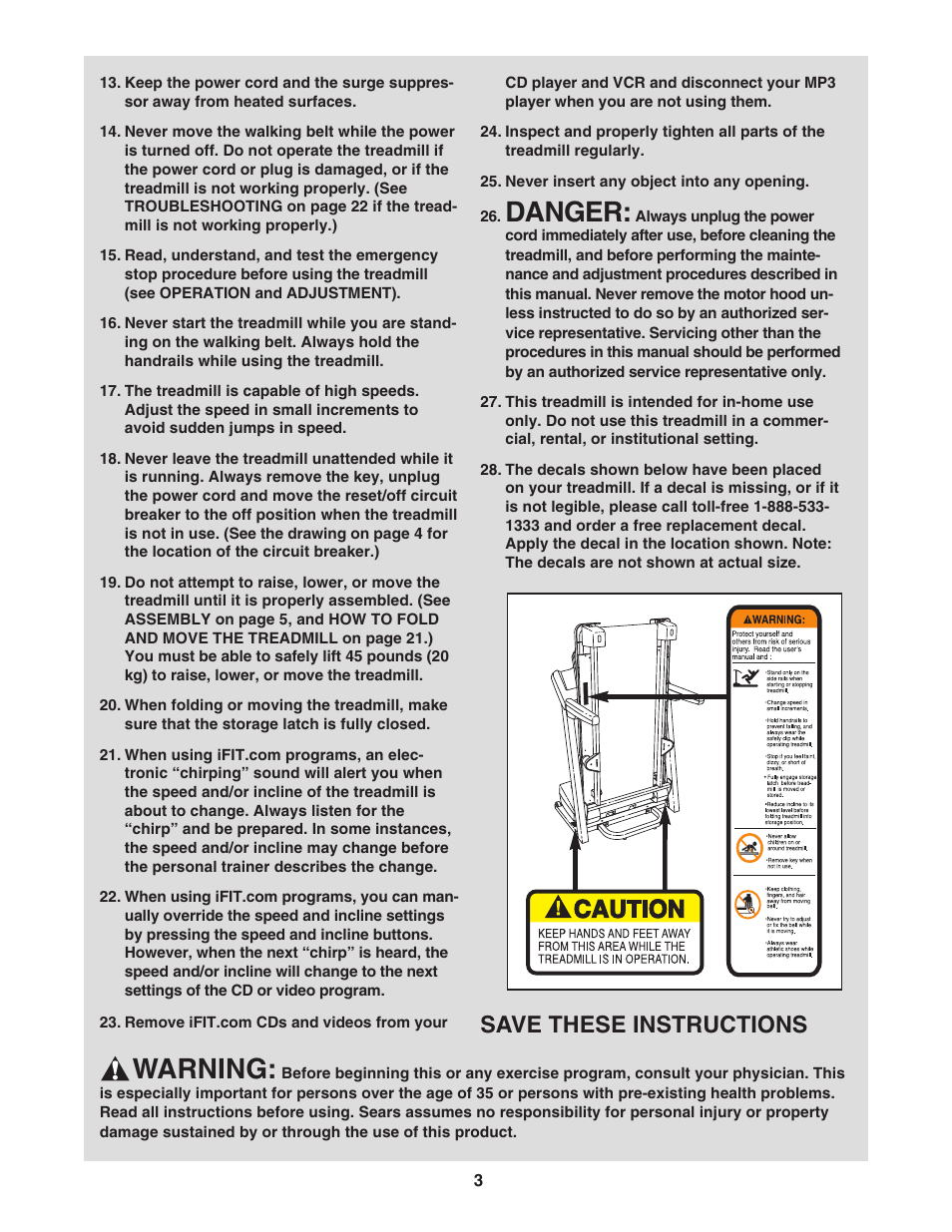 Danger, Warning, Save these instructions | ProForm 831.29605.0 User Manual | Page 3 / 30