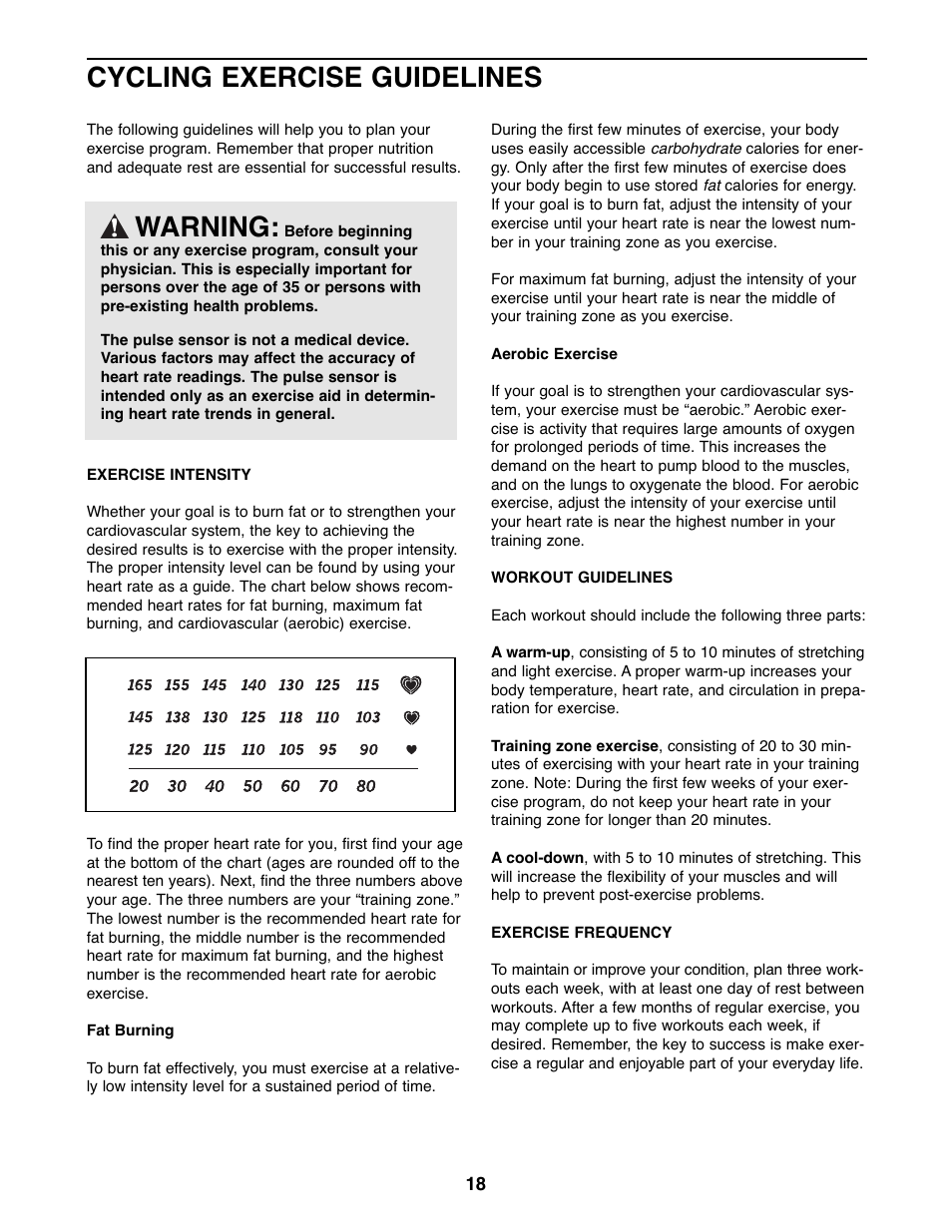 Cycling exercise guidelines, Warning | ProForm GT 95X PFEX3096.0 User Manual | Page 18 / 24