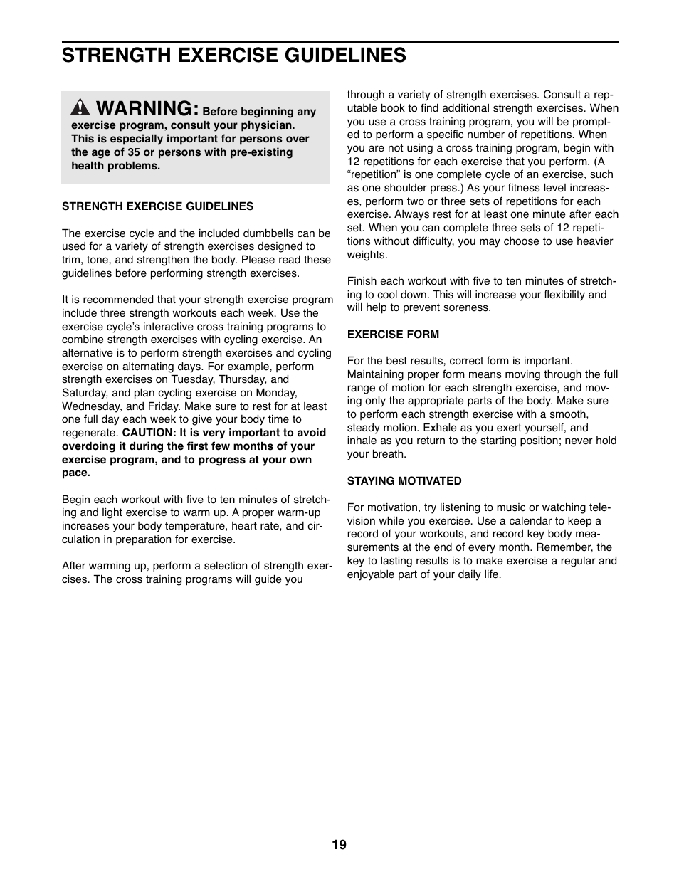 Strength exercise guidelines, Warning | ProForm GT 95X PFEX3096.0 User Manual | Page 19 / 24