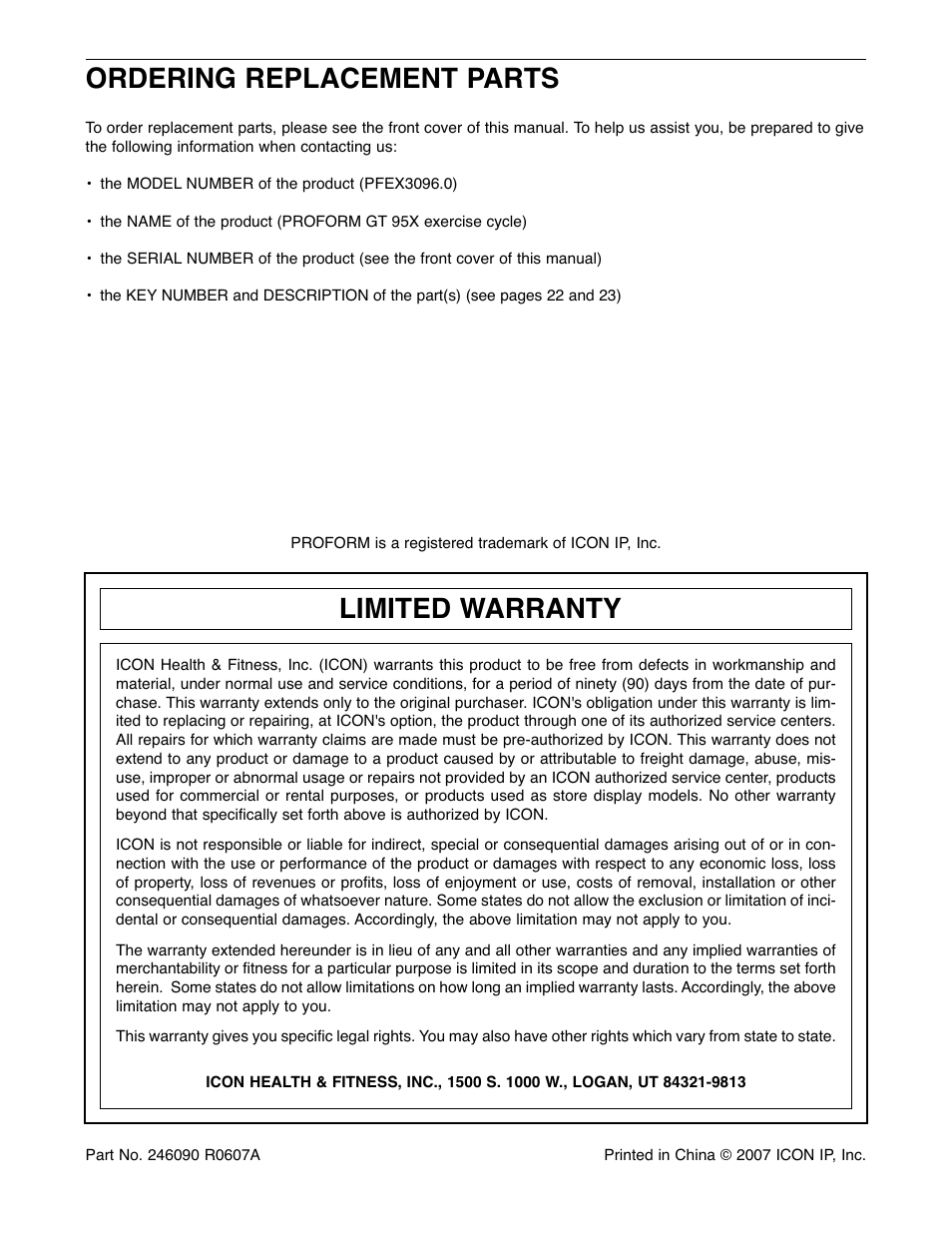 Ordering replacement parts, Limited warranty | ProForm GT 95X PFEX3096.0 User Manual | Page 24 / 24