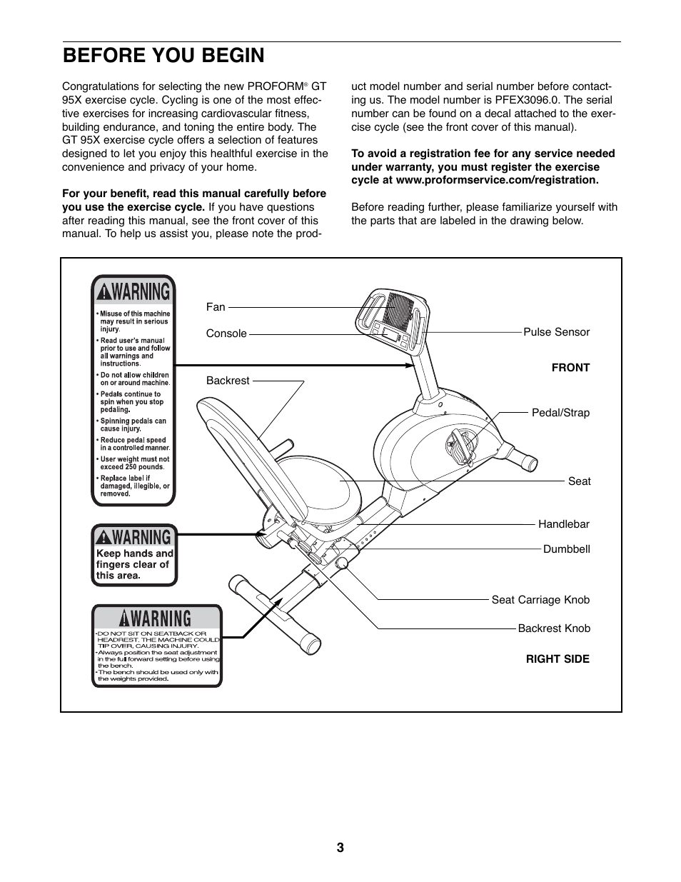 Before you begin | ProForm GT 95X PFEX3096.0 User Manual | Page 3 / 24