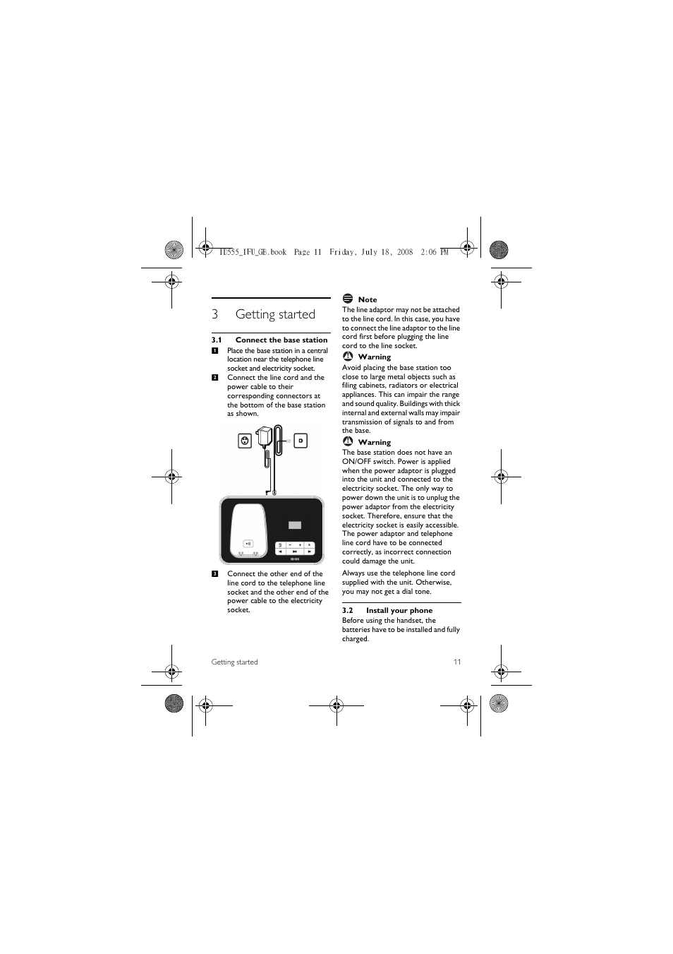 3 getting started, 1 connect the base station, 2 install your phone | 3getting started | ProForm ID555 User Manual | Page 13 / 56