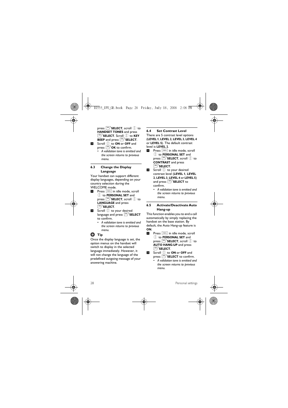 3 change the display language, 4 set contrast level, 5 activate/deactivate auto hang-up | ProForm ID555 User Manual | Page 30 / 56