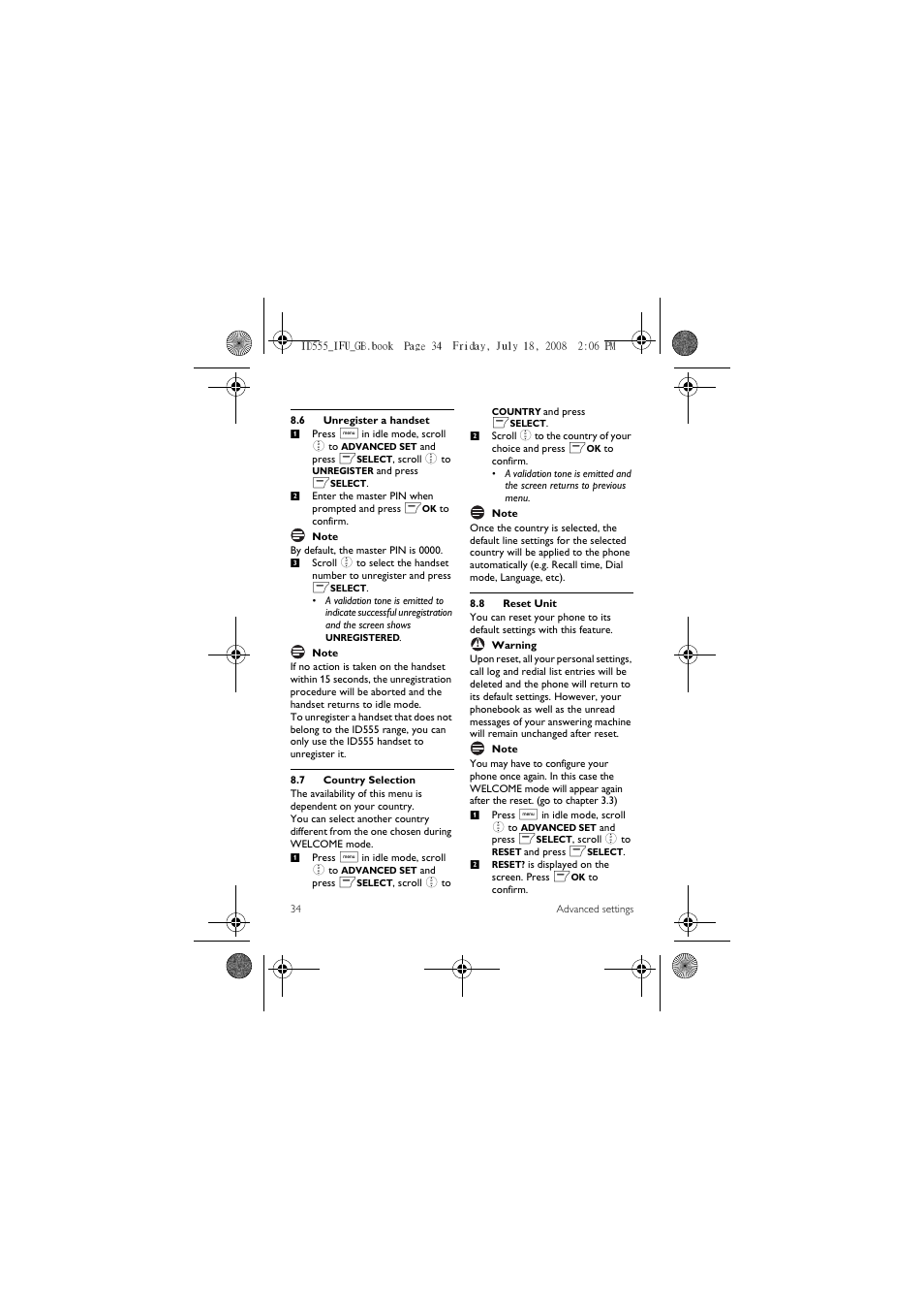 6 unregister a handset, 7 country selection, 8 reset unit | ProForm ID555 User Manual | Page 36 / 56