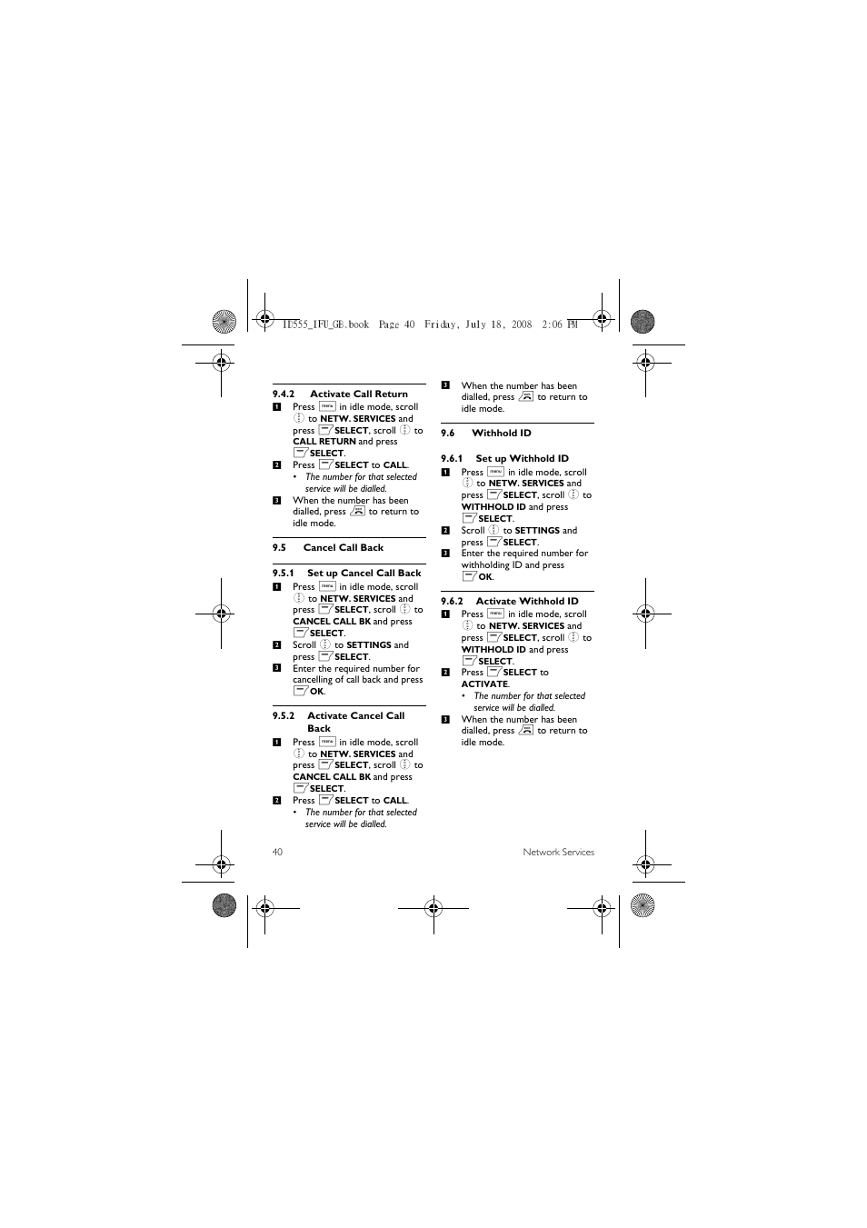 5 cancel call back, 6 withhold id | ProForm ID555 User Manual | Page 42 / 56